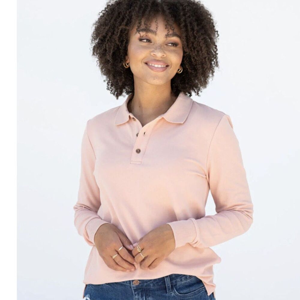 Evys Tree Pink Pique Polo Shirt XS Mara Long Sleeve Textured Knit Oversized Top
